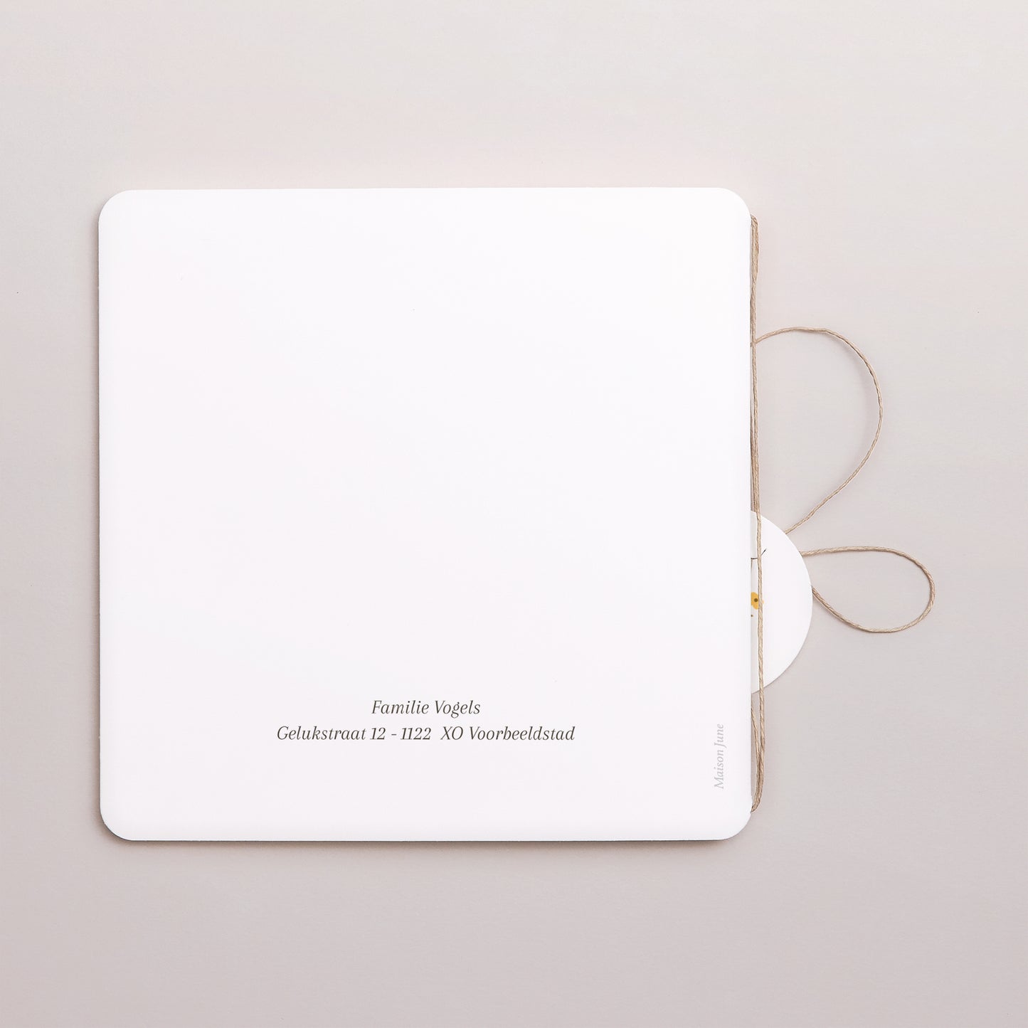 Uitnodigingskaart Geboorte Dubbel vierkant vouw, afgeronde hoeken, ronde label. eekhoorn, bloemmotief foto N° 3