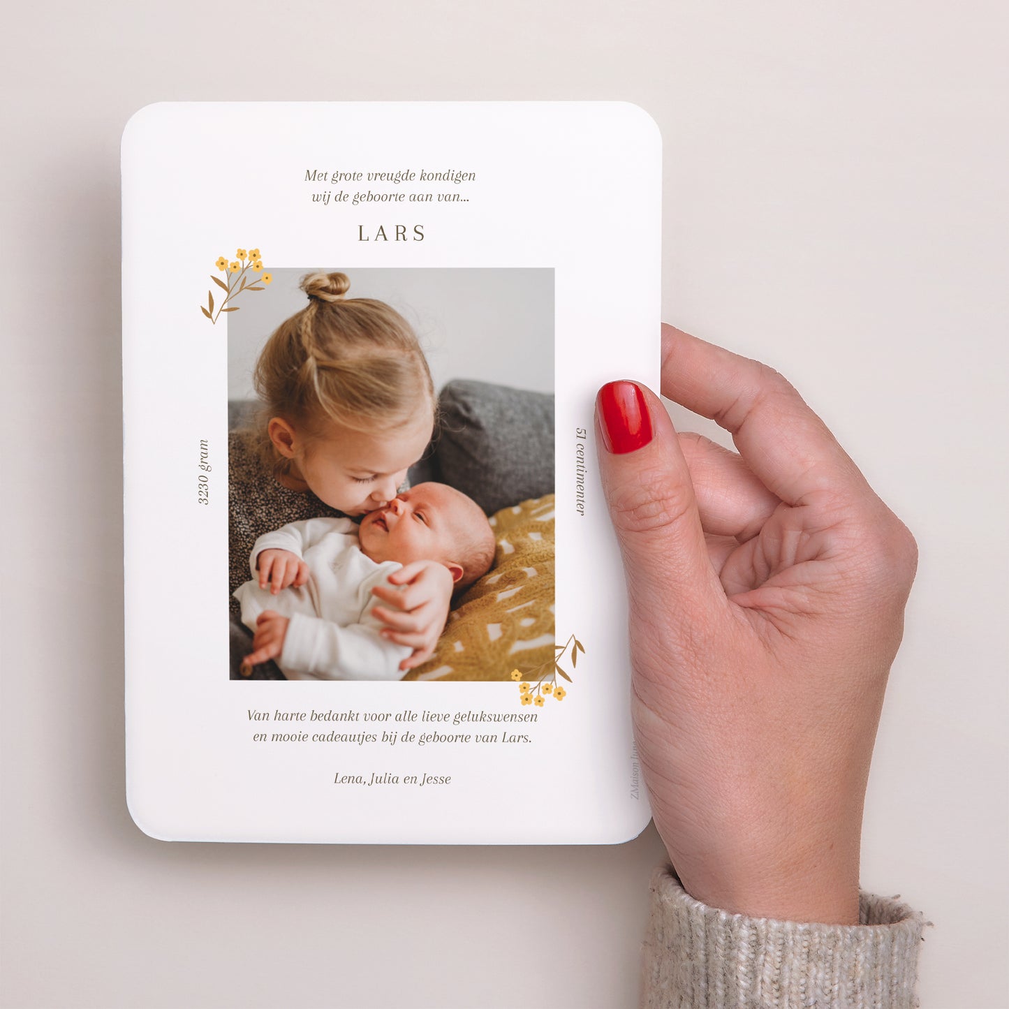 Uitnodigingskaart Geboorte Portret, afgeronde randen eekhoorn, bloemmotief foto N° 3