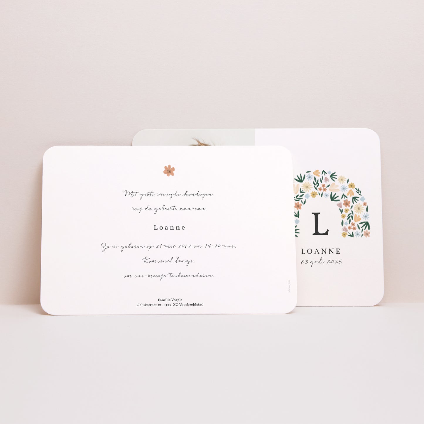 Uitnodigingskaart Geboorte Landschap, afgeronde randen Lentebloem Strik foto N° 3