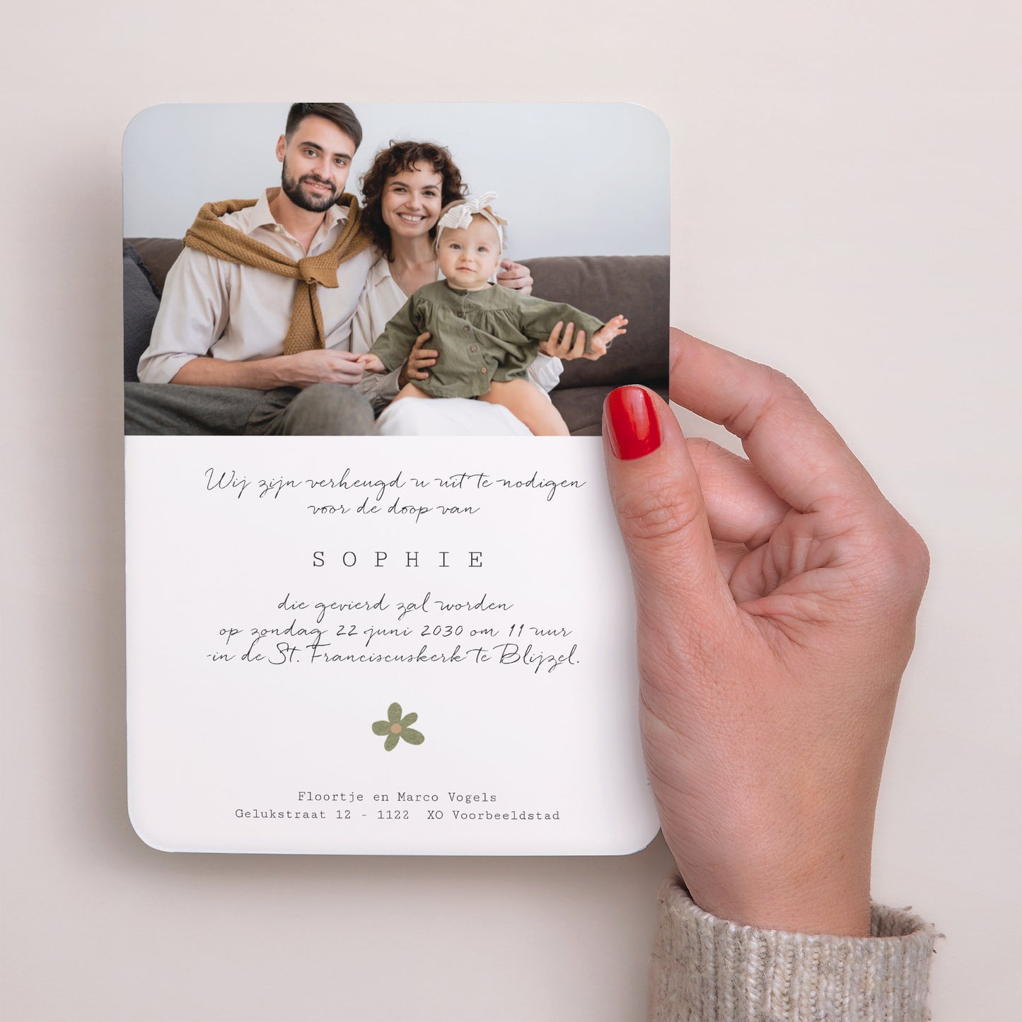 Uitnodigingskaart Doop Portret, afgeronde randen Bloemenkruis foto N° 3