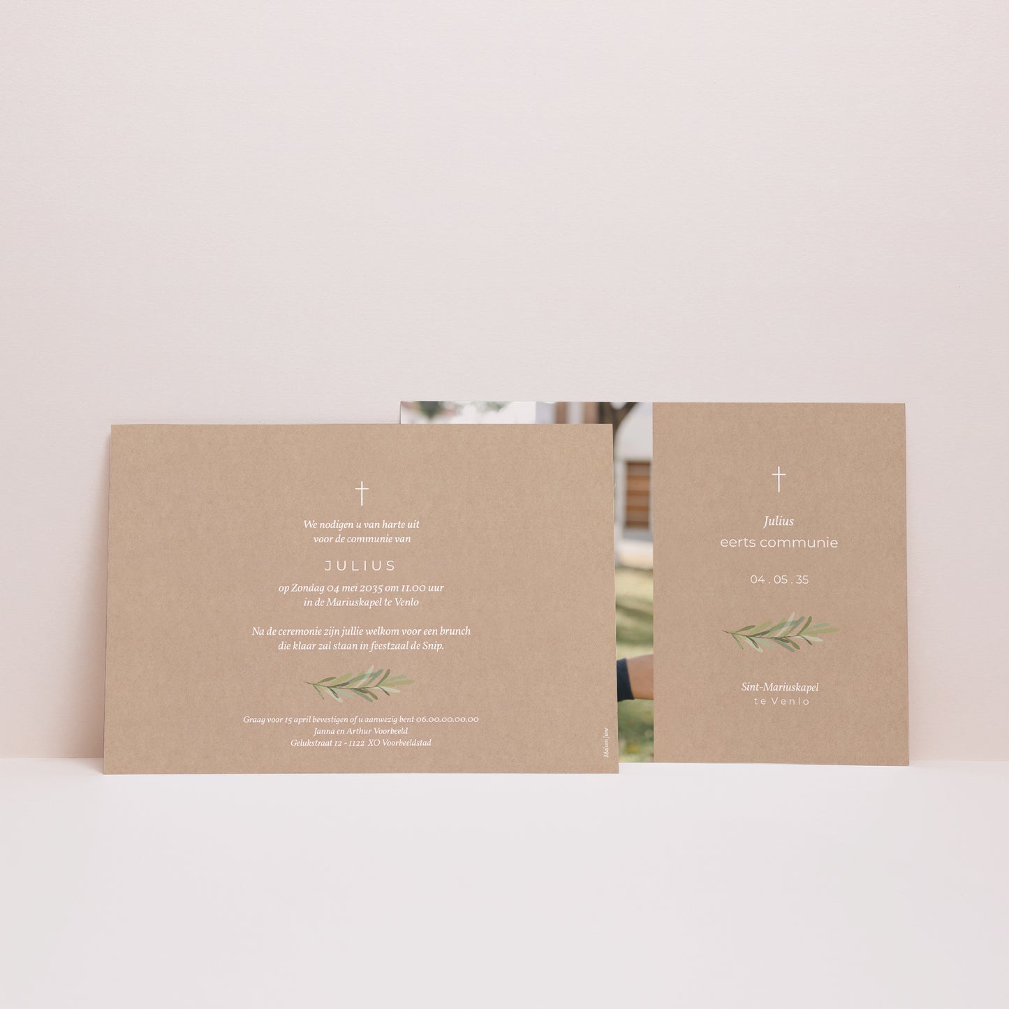 Uitnodigingskaart Communie Landschap Imitaties Kraft & Olijftak foto N° 3