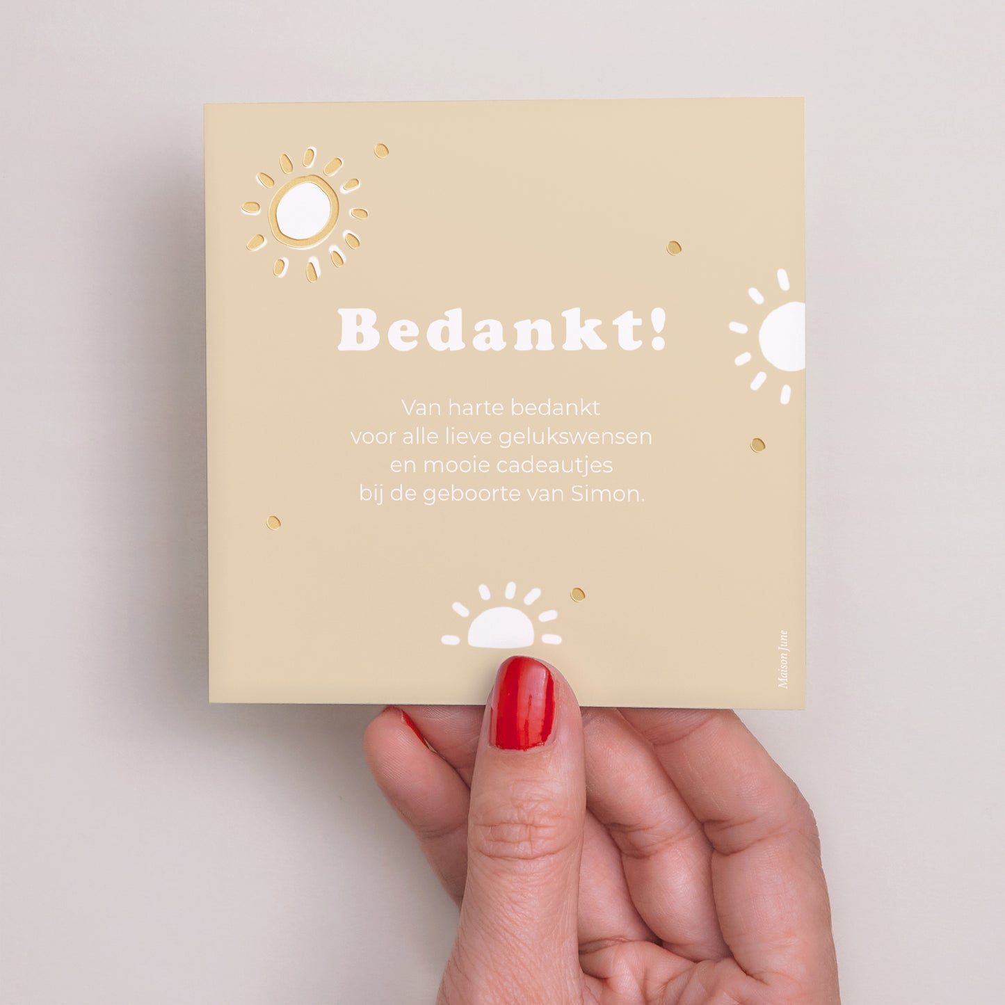 Bedankkaart Geboorte Vierkant Verguld zonnemotief foto N° 2