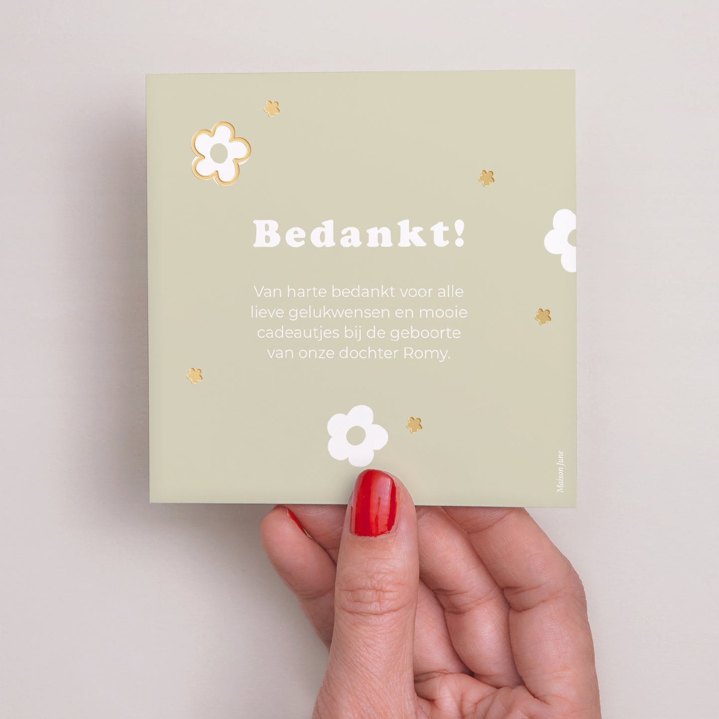 Bedankkaart Geboorte Vierkant Verguld bloemmotief foto N° 2