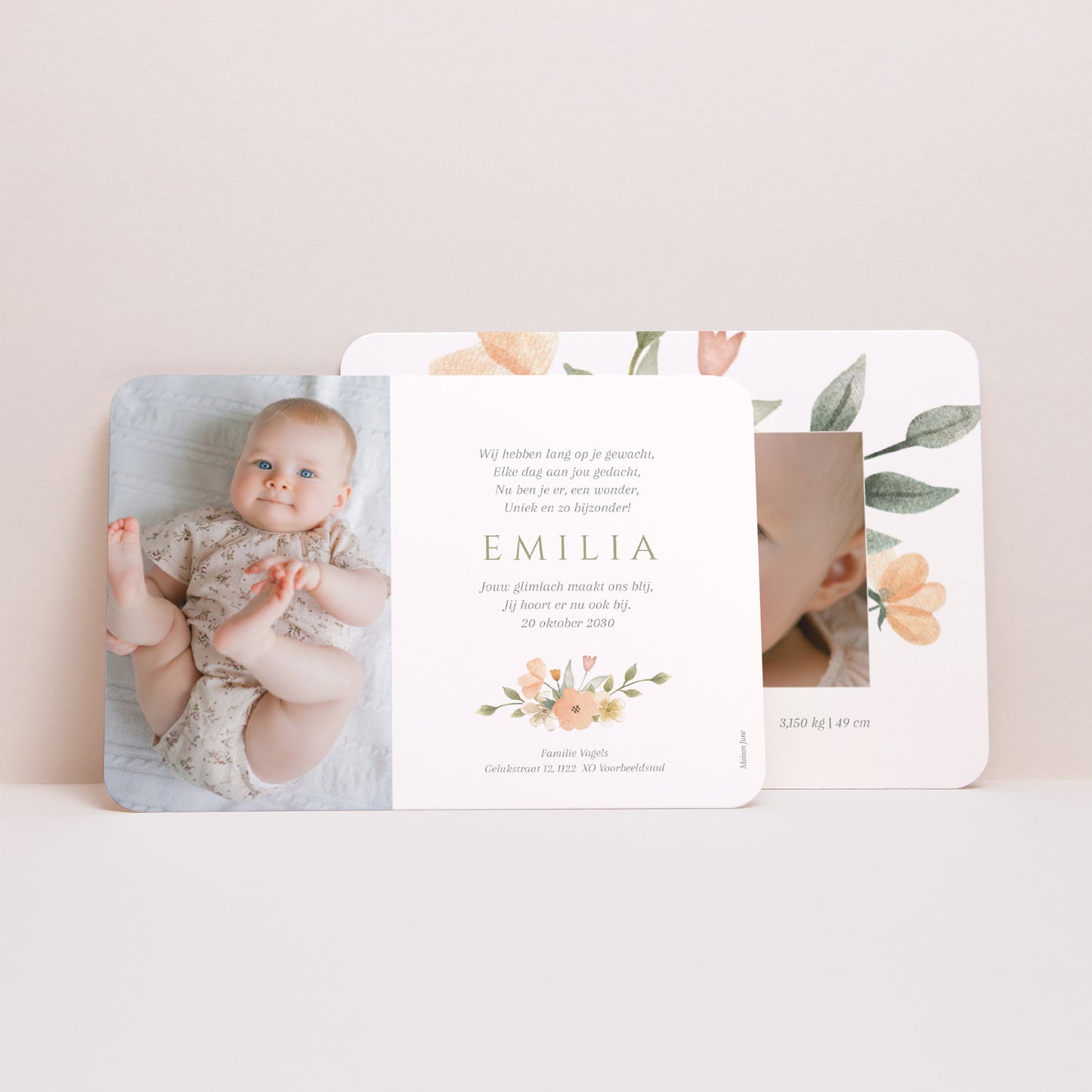 Uitnodigingskaart Geboorte Landschap, afgeronde randen Mooie bloemen foto N° 3