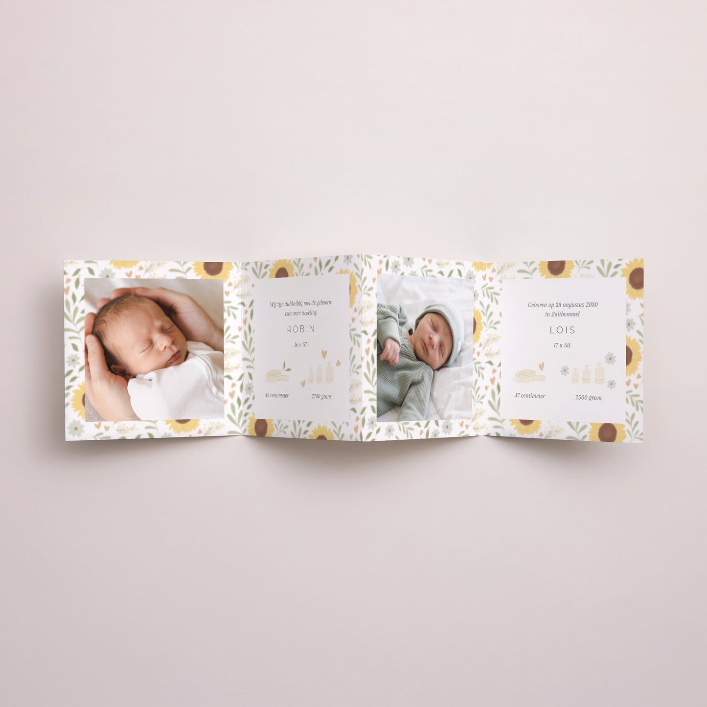 Uitnodigingskaart Geboorte Accordeon Patroon Liberty sunflower twins foto N° 2