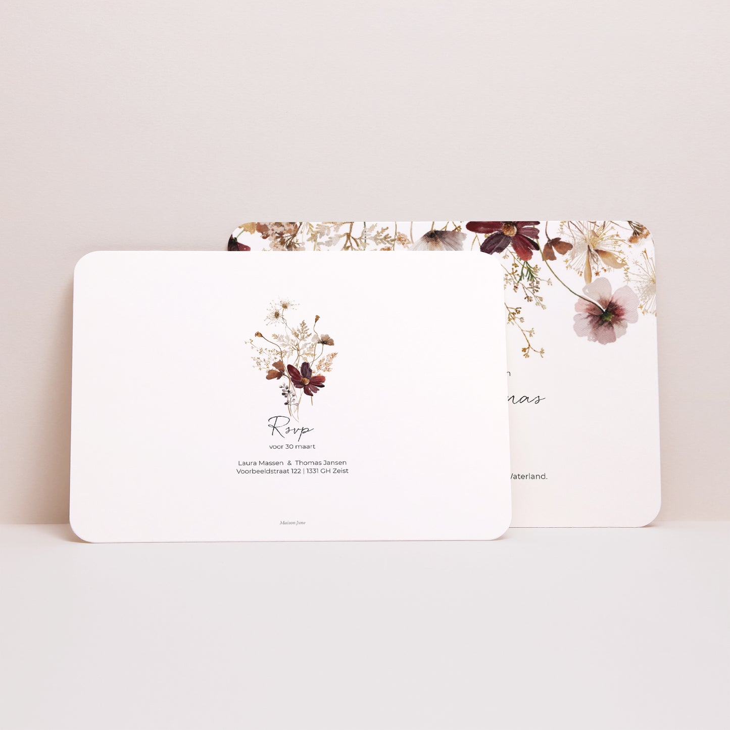 Uitnodigingskaart Huwelijk Landschap, afgeronde randen gedroogde weidebloemen foto N° 3