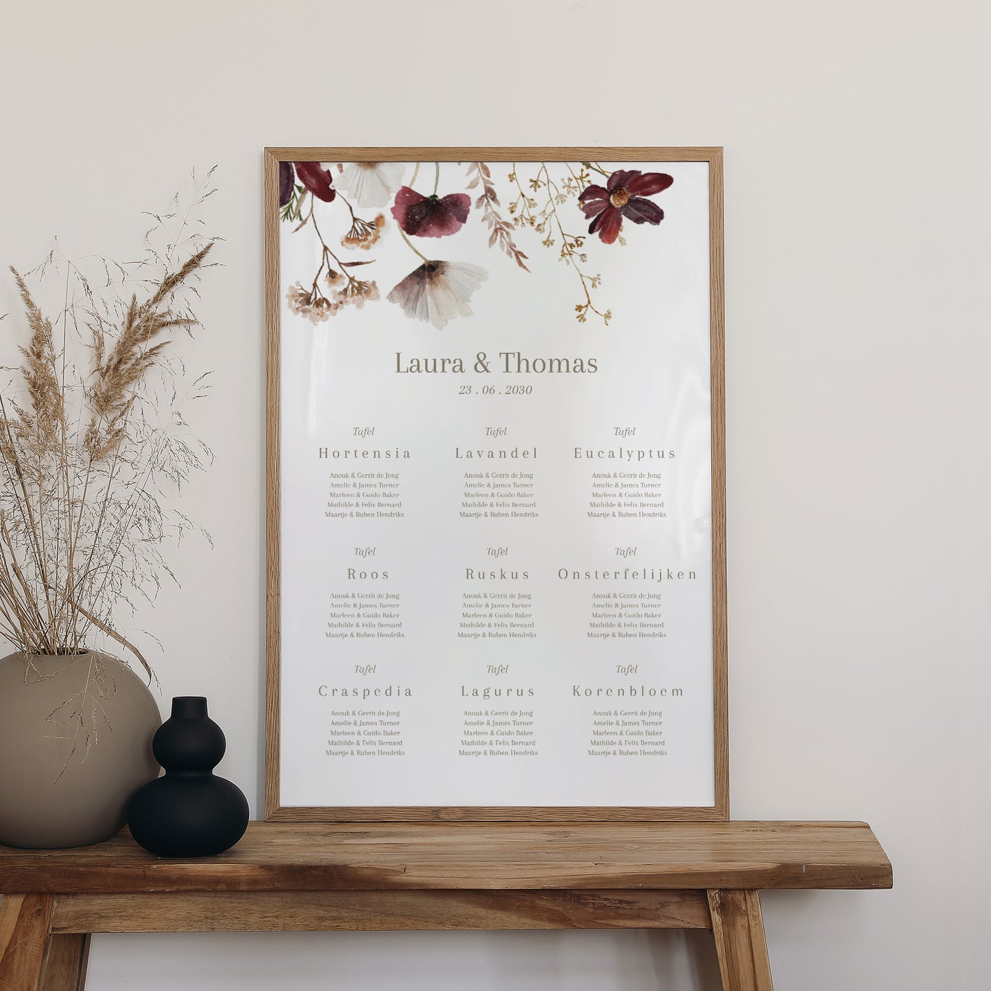 Tafelplan Huwelijk Portret 60 x 90 cm Gedroogde veldbloemen II foto N° 2