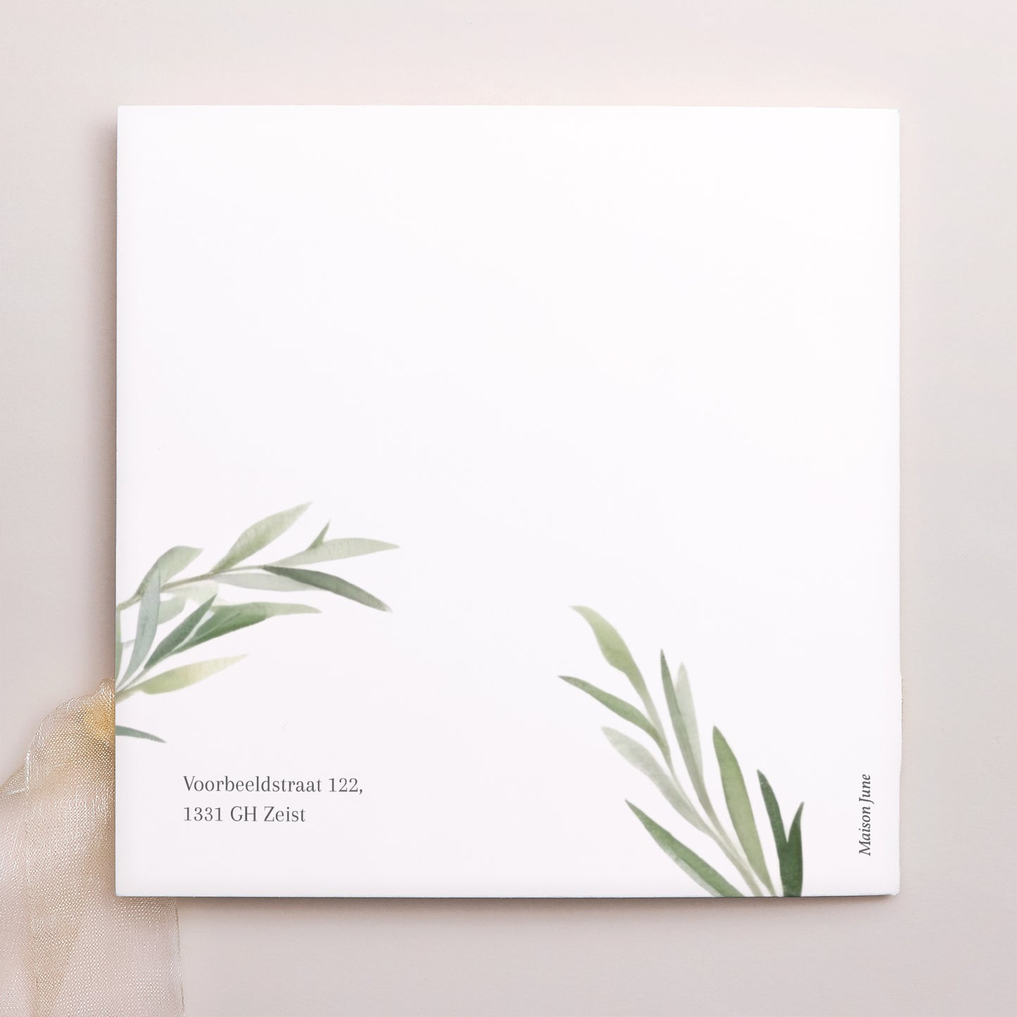 Uitnodigingskaart Huwelijk Vierkante tas, 3 kaarten, label Olijfbladeren foto N° 4