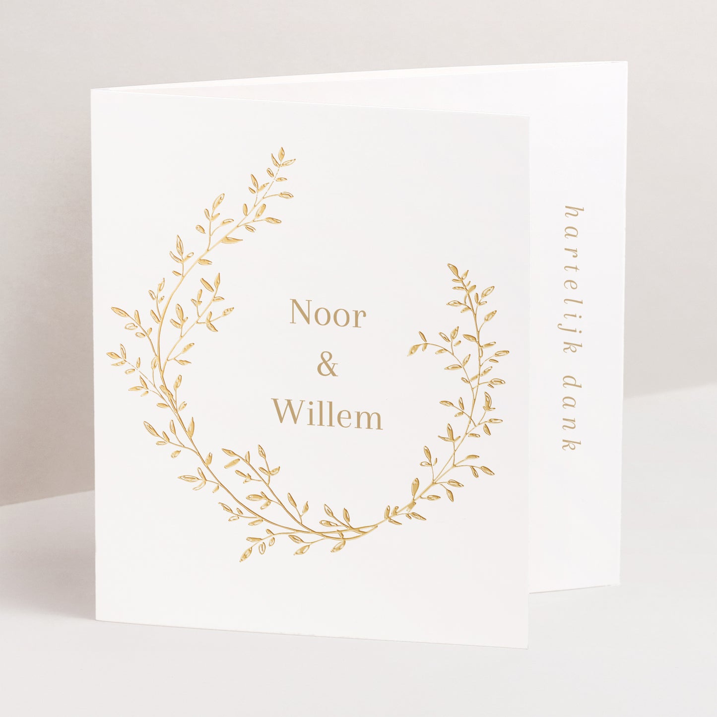 Bedankkaart Huwelijk Asymmetrisch triptiek gouden bloemenkrans foto N° 1