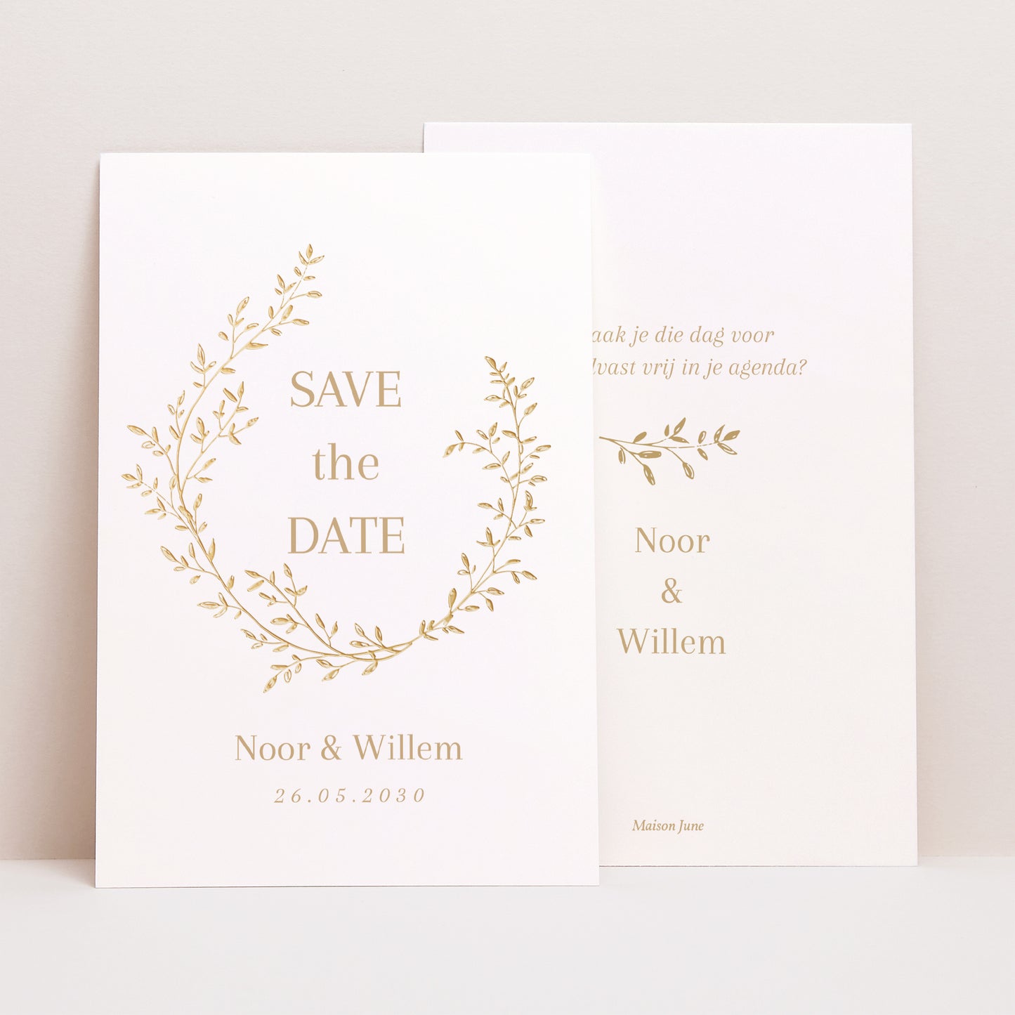 Save the date kaart Huwelijk Portret gouden bloemenkrans foto N° 1