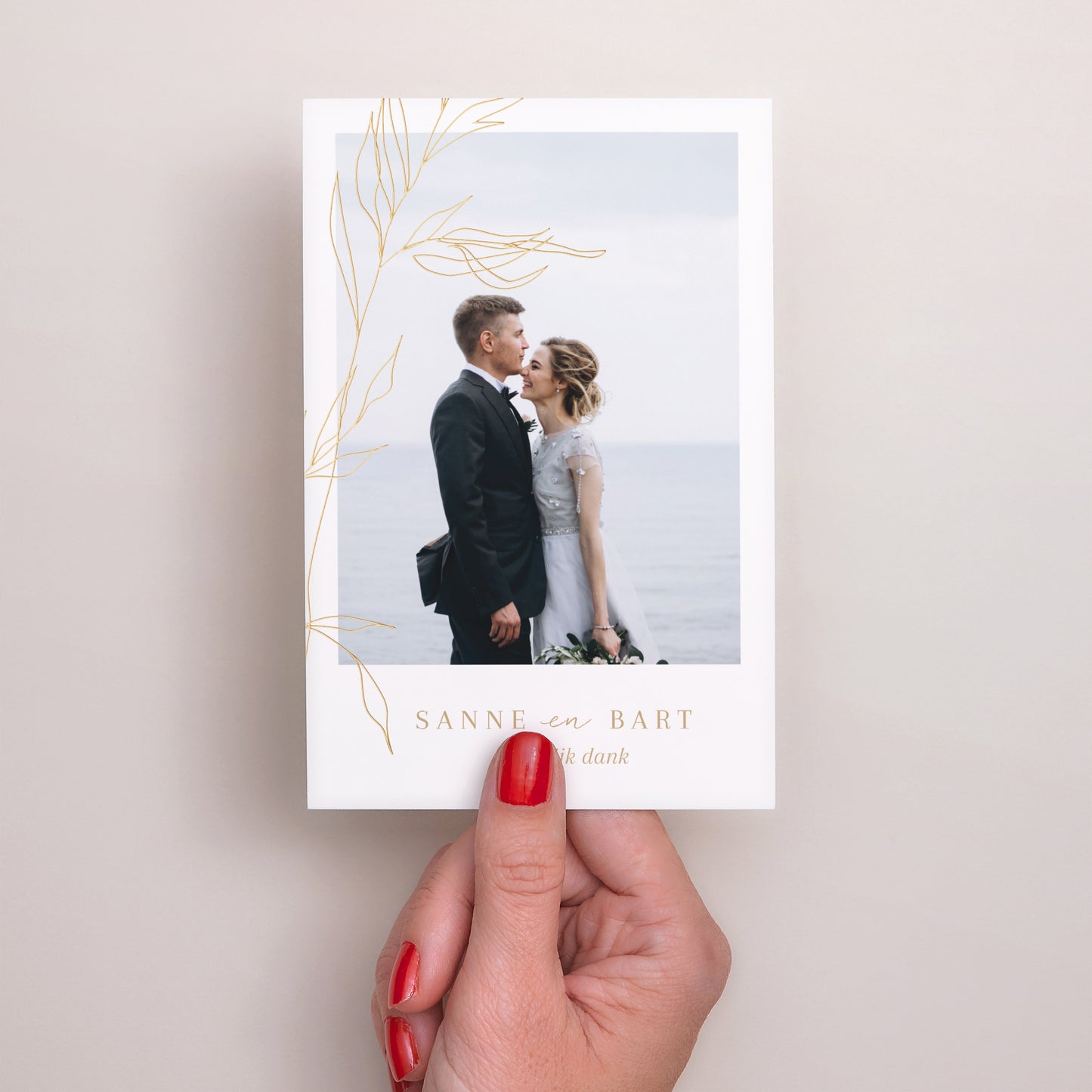 Bedankkaart Huwelijk Portret puur gouden gebladerte foto N° 2