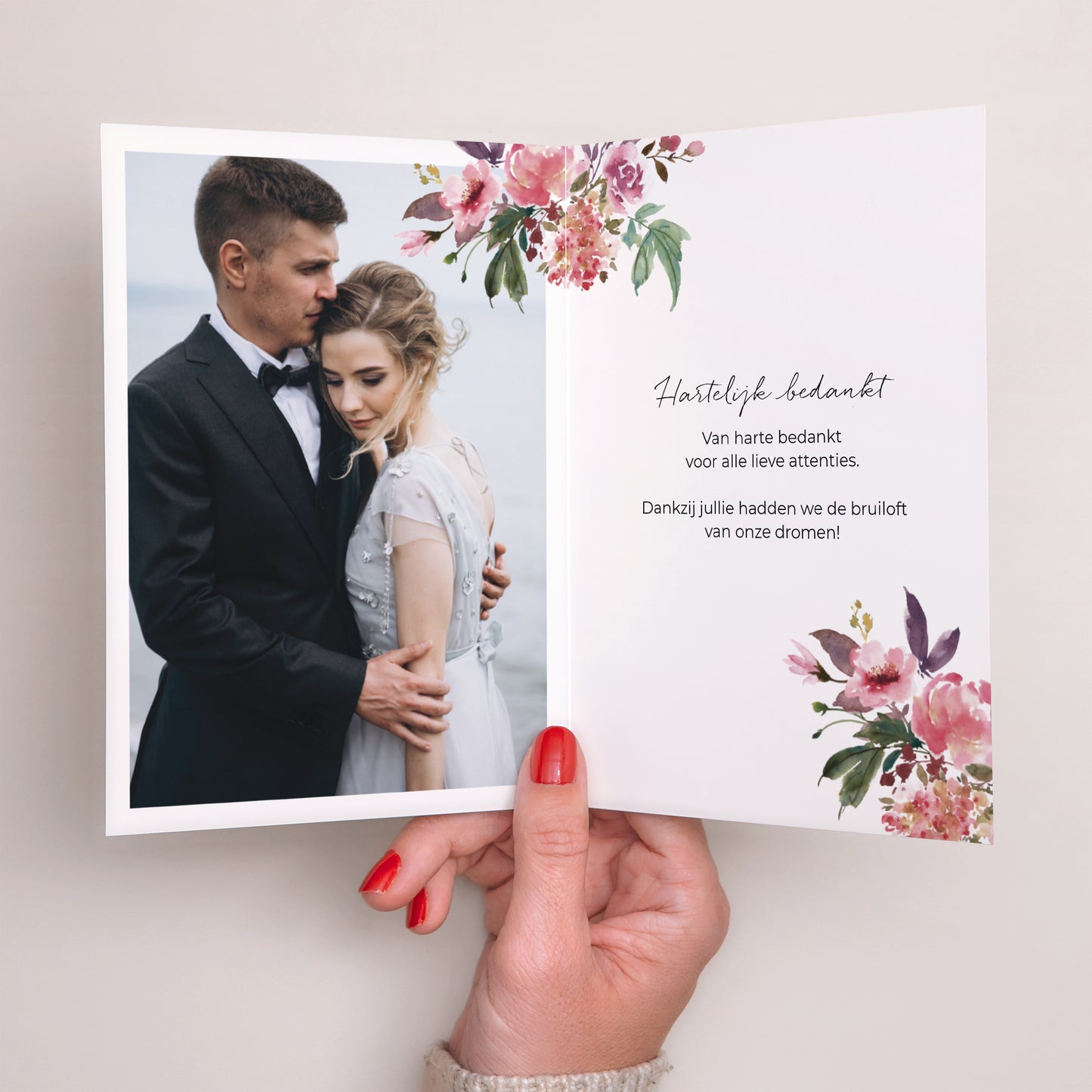 Bedankkaart Huwelijk Portret dubbele vouw Minibloemen foto N° 2