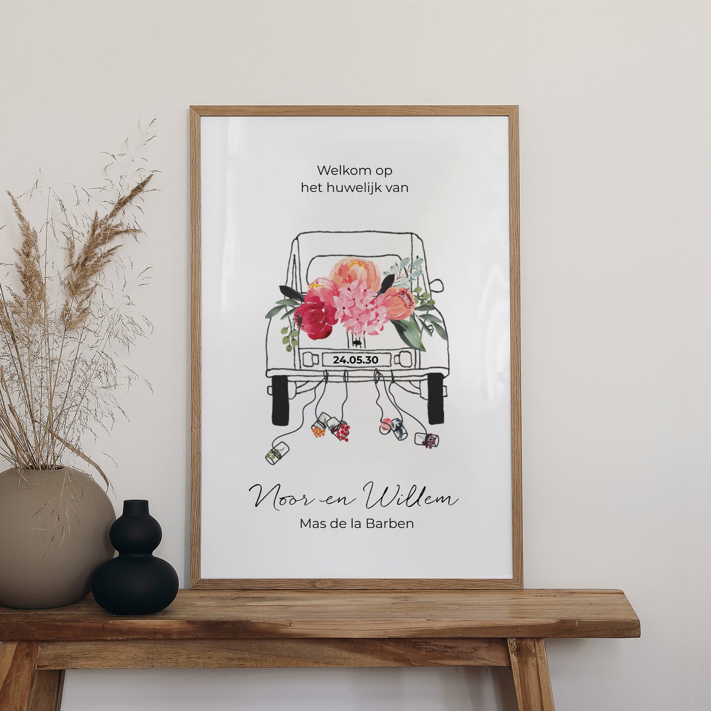 Welkomstbord Huwelijk Portret 60 x 90 cm 2CV in bloei foto N° 2