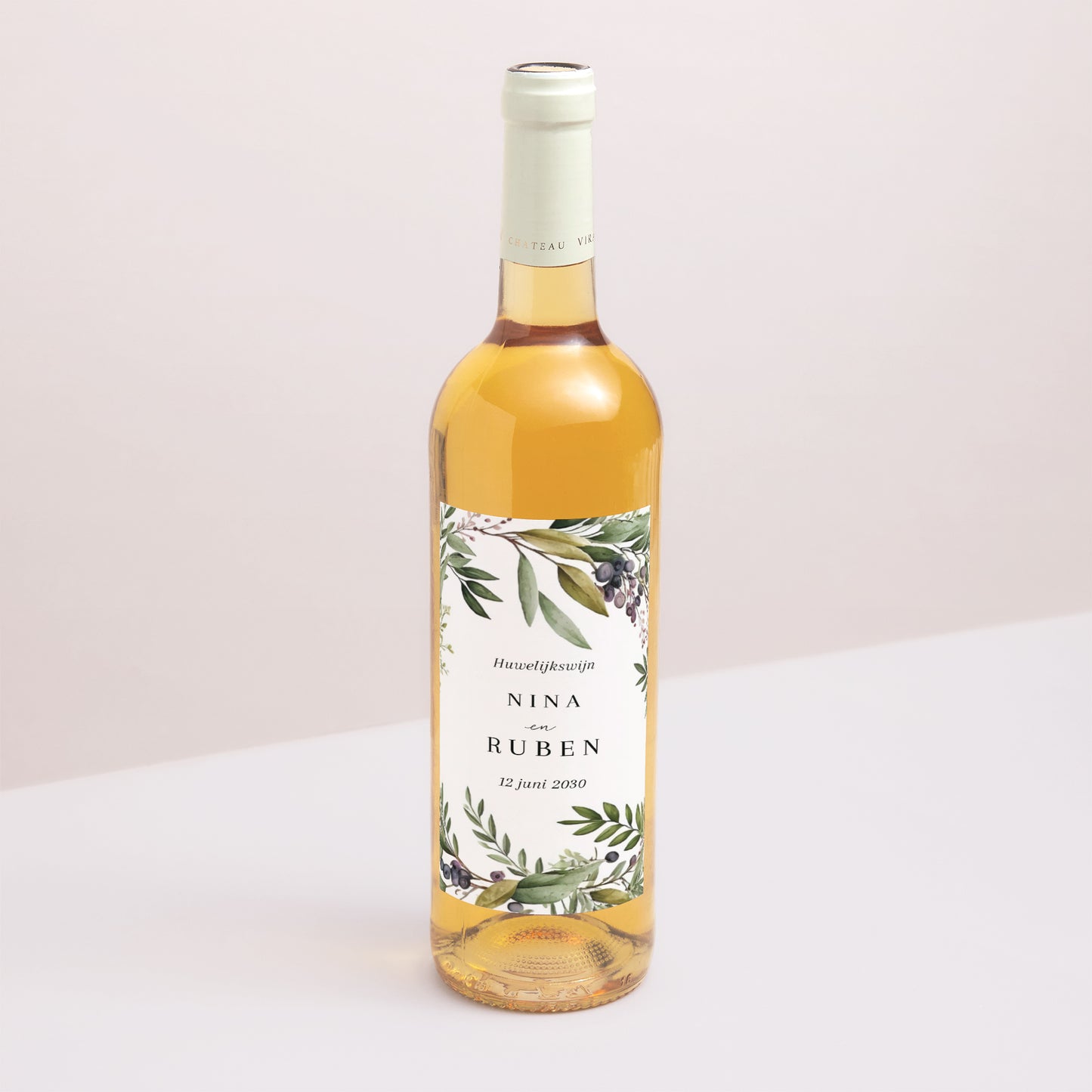 Flesetiket Huwelijk Portret Lentebladeren foto N° 1