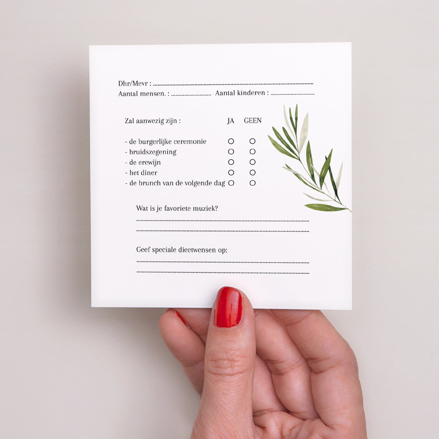 RSVP kaart Huwelijk Vierkant olijftak III foto N° 3