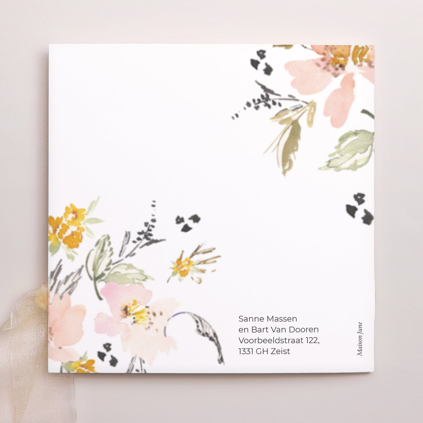 Uitnodigingskaart Huwelijk Vierkante tas, 3 kaarten, label bloemen pop II foto N° 4