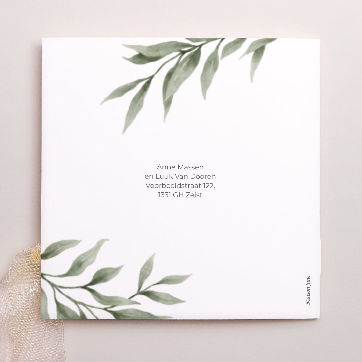 Uitnodigingskaart Huwelijk Vierkante tas, 3 kaarten, label Plant parade foto N° 4