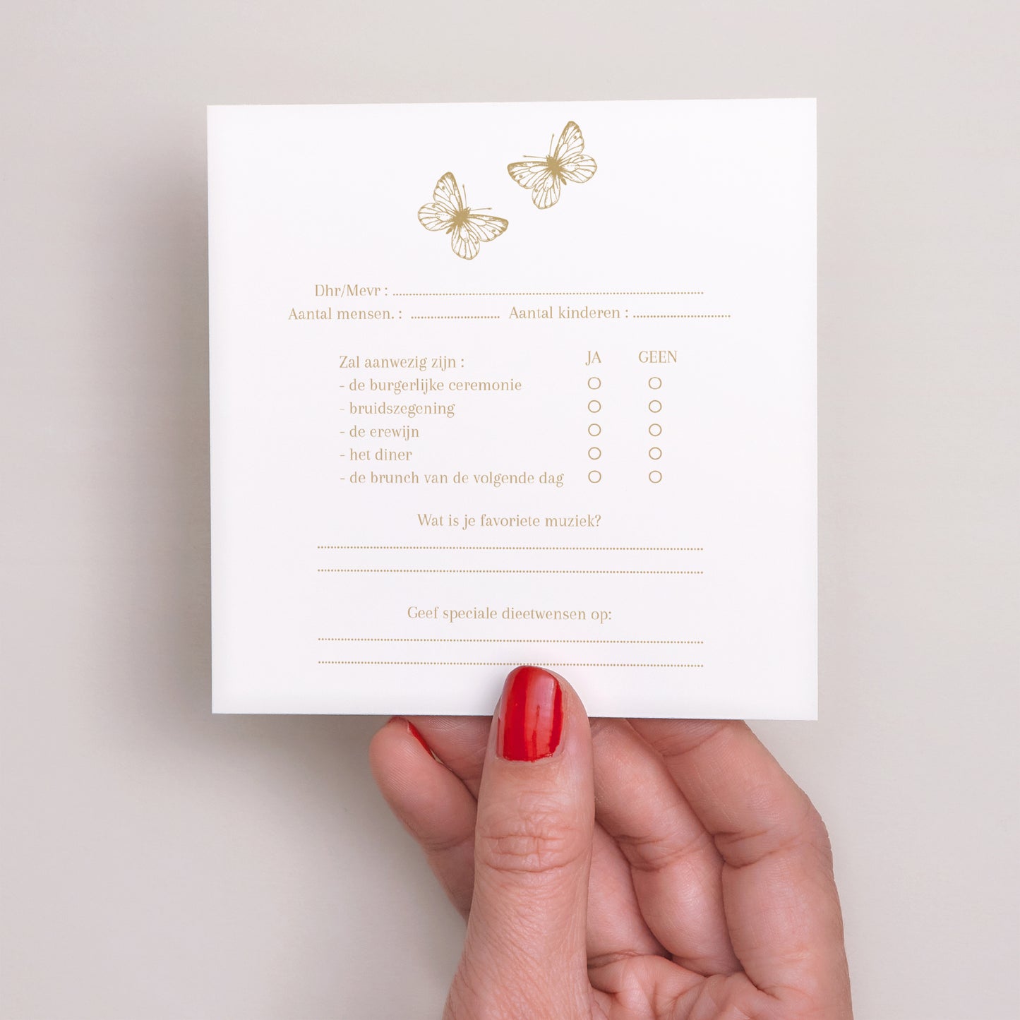 RSVP kaart Huwelijk Vierkant Gouden herbarium foto N° 3