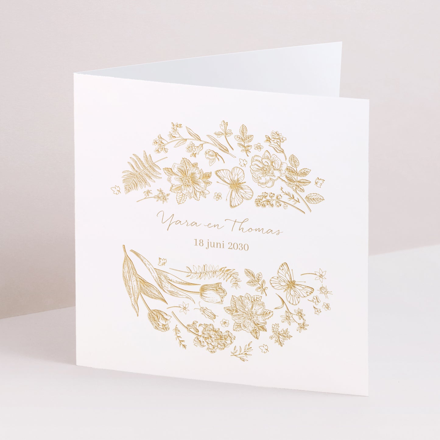 Uitnodigingskaart Huwelijk Dubbele vierkante vouw Gouden herbarium foto N° 1