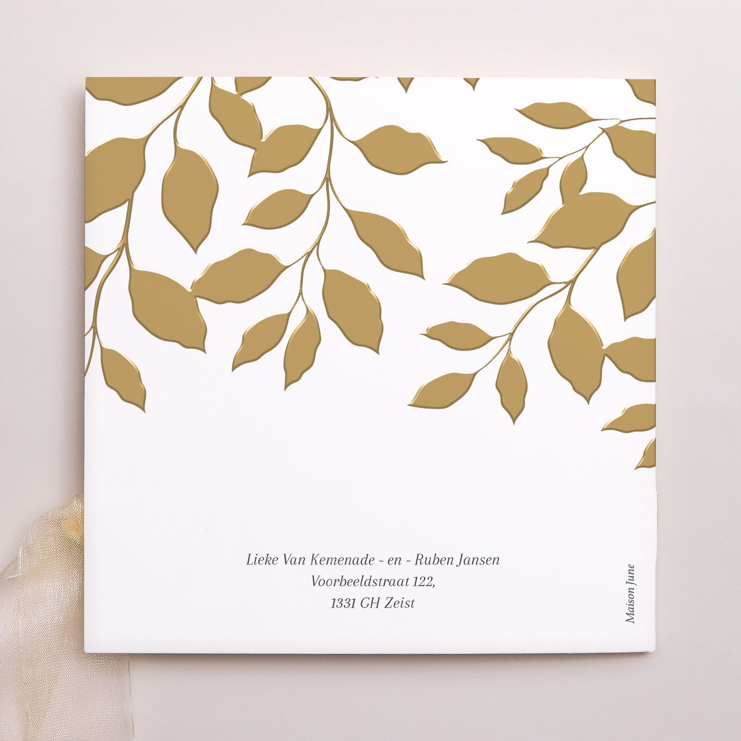 Uitnodigingskaart Huwelijk Vierkante tas, 3 kaarten, label gouden bladeren foto N° 4