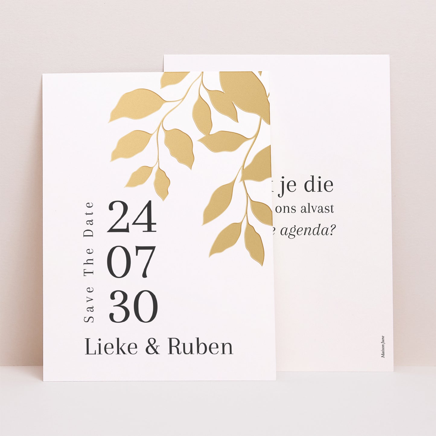 Save the date kaart Huwelijk Portret gouden bladeren foto N° 1