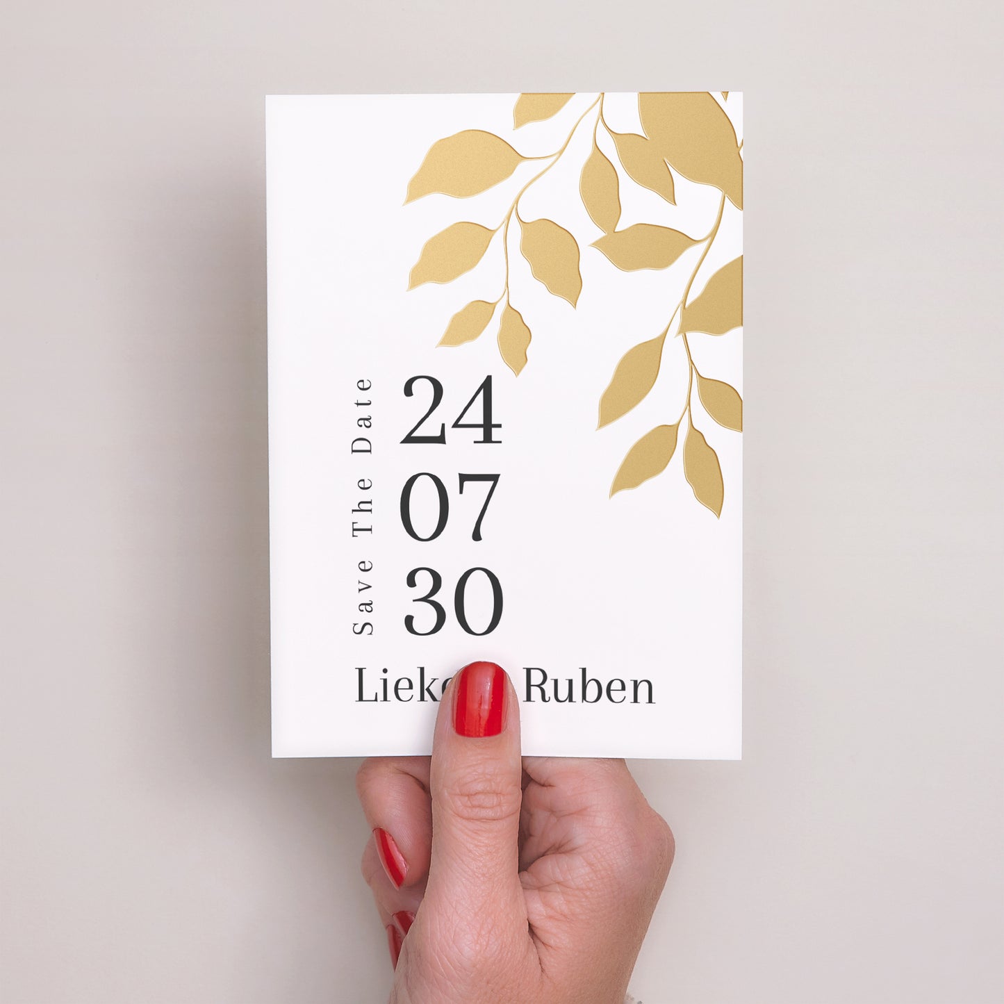 Save the date kaart Huwelijk Portret gouden bladeren foto N° 2