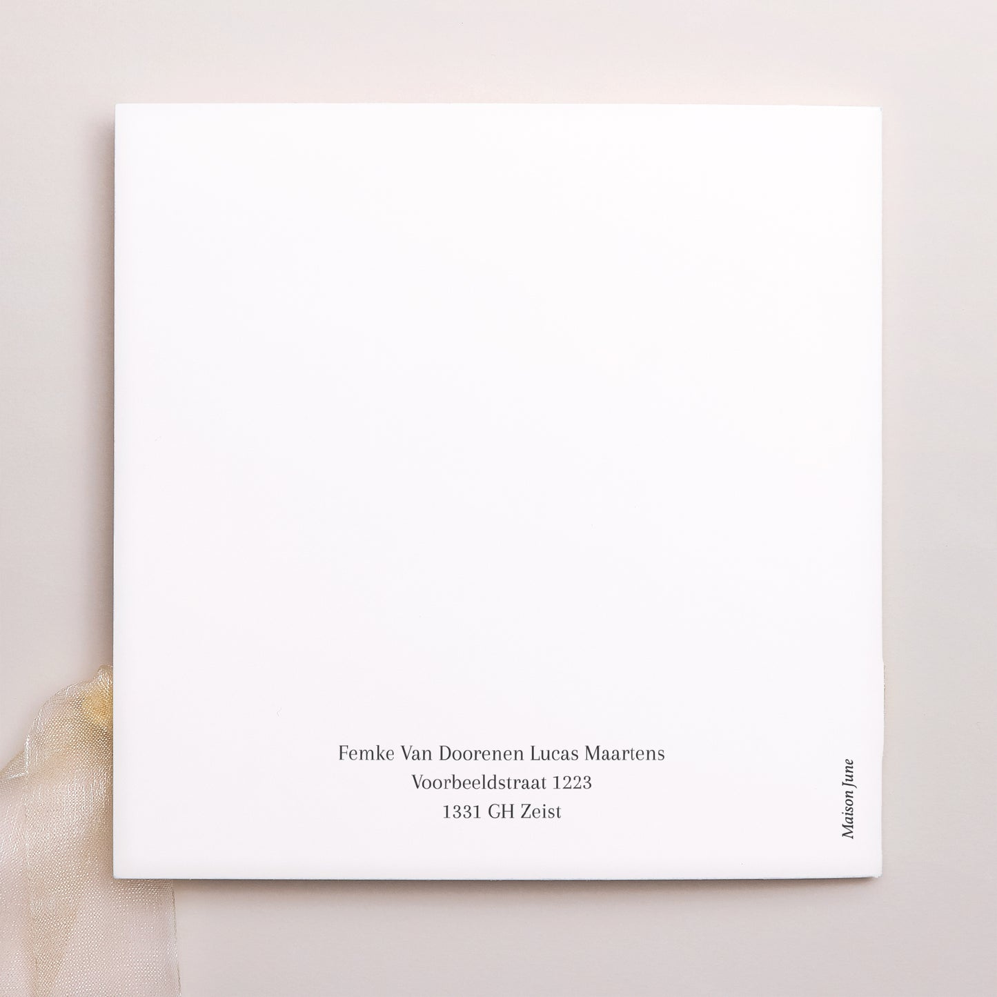 Uitnodigingskaart Huwelijk Vierkante tas, 3 kaarten, label foto N° 4
