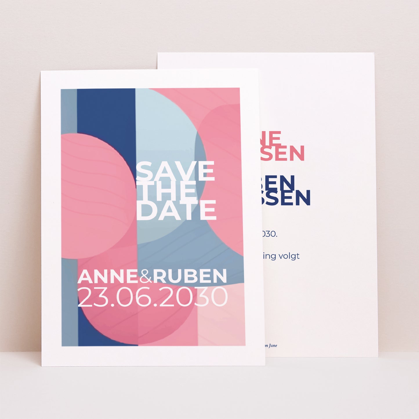 Save the date kaart Huwelijk Portret Roze en blauw foto N° 1