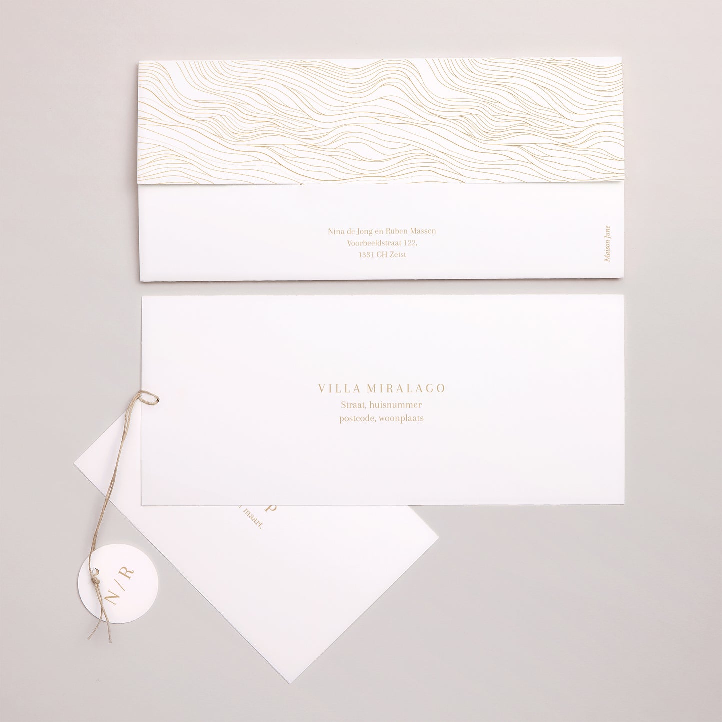 Uitnodigingskaart Huwelijk Mapje 2 kaarten, label gouden golven foto N° 4