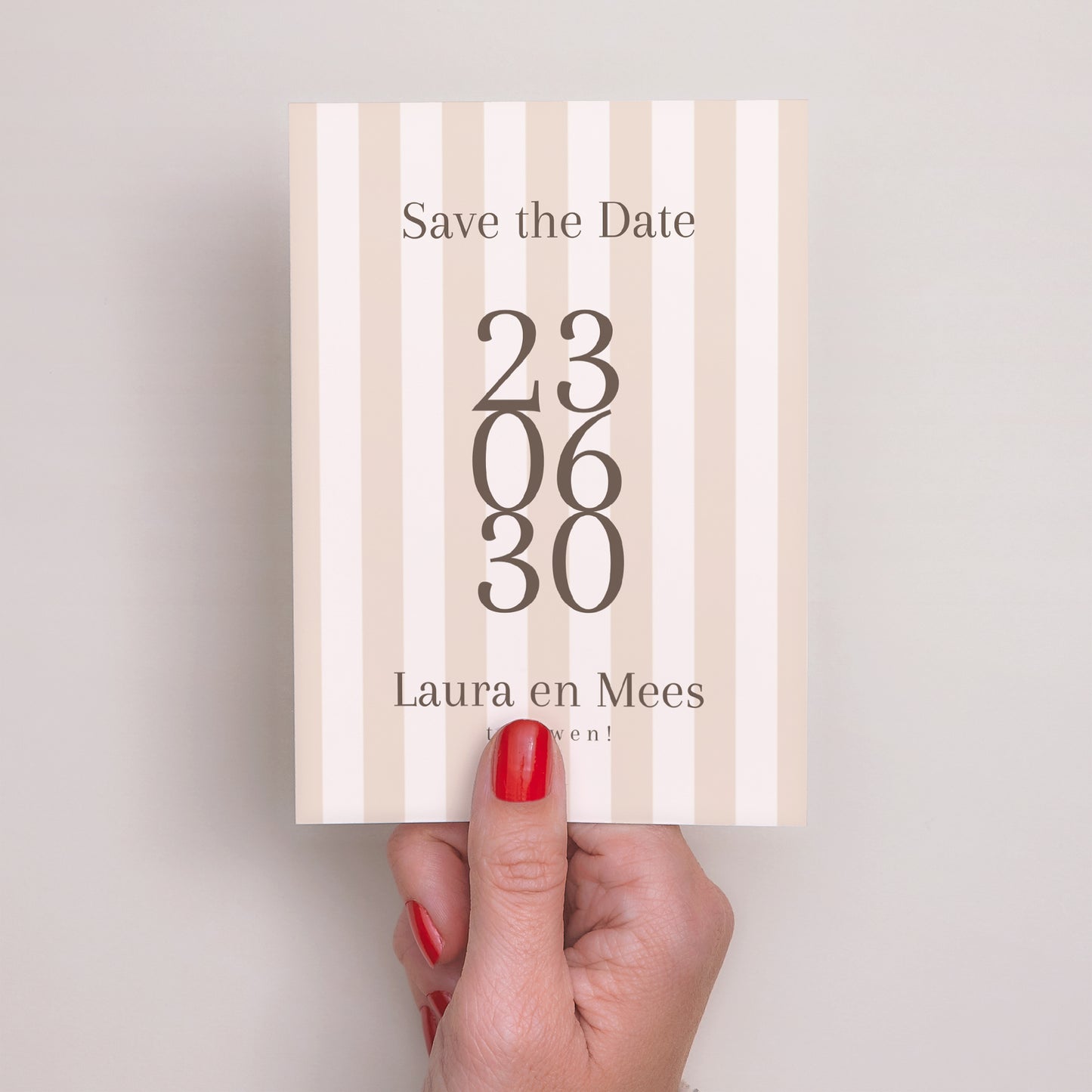 Save the date kaart Huwelijk Portret Beige strepen foto N° 2