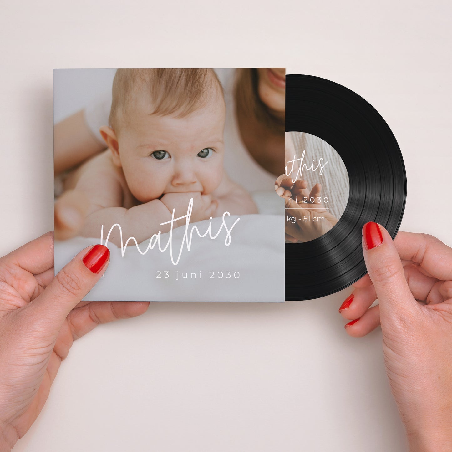 Uitnodigingskaart Geboorte Platenhoes alleenstaande baby foto N° 2