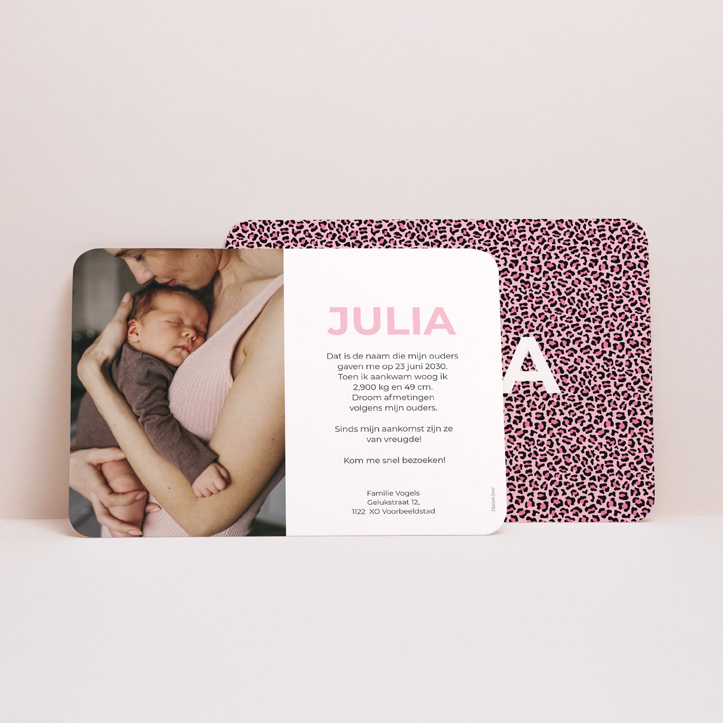 Uitnodigingskaart Geboorte Landschap, afgeronde randen Roze luipaard foto N° 3