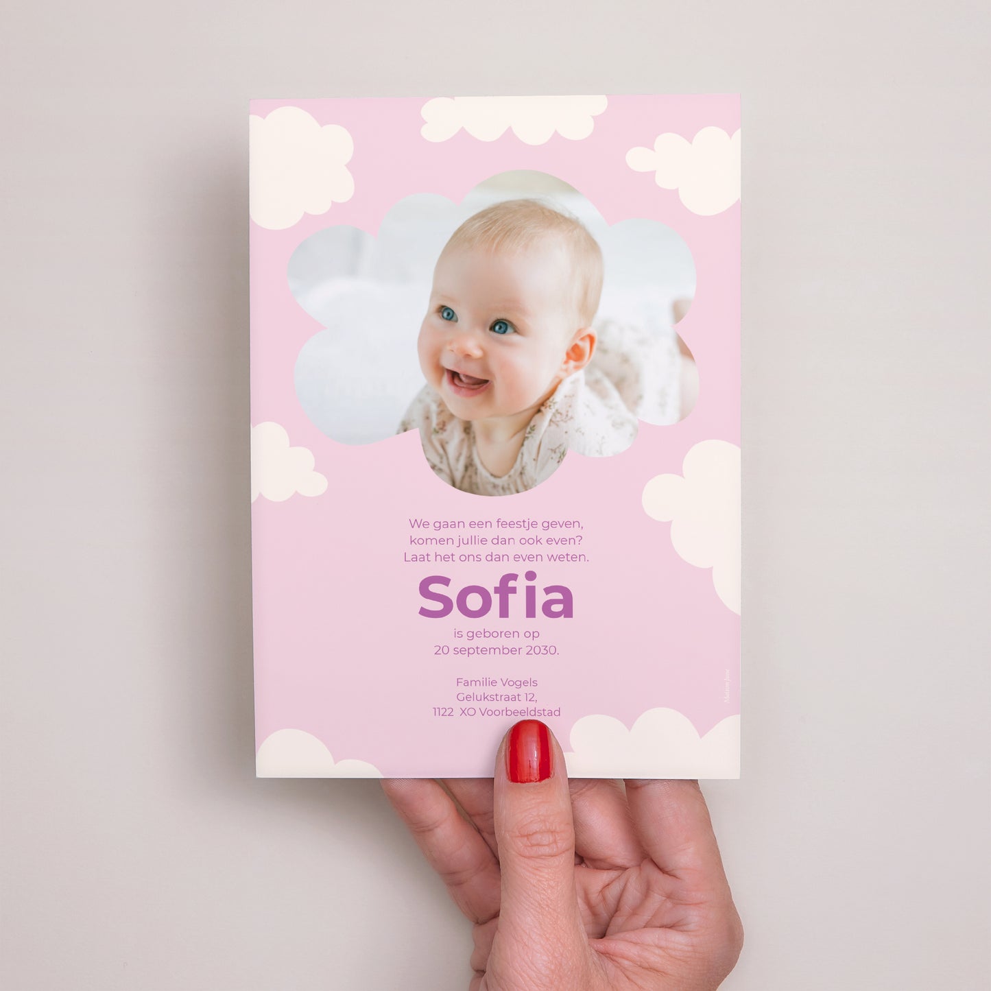 Uitnodigingskaart Geboorte Kleine roze wolk foto N° 3