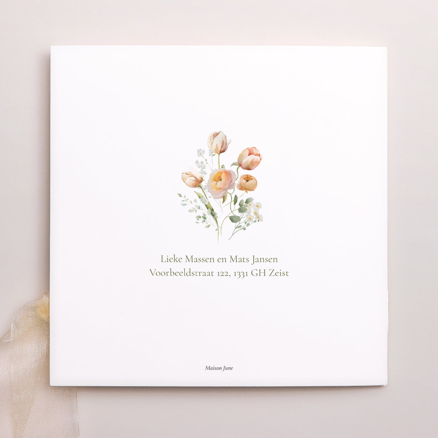 Uitnodigingskaart Huwelijk Vierkante tas, 3 kaarten, label Romantische bloemen foto N° 4