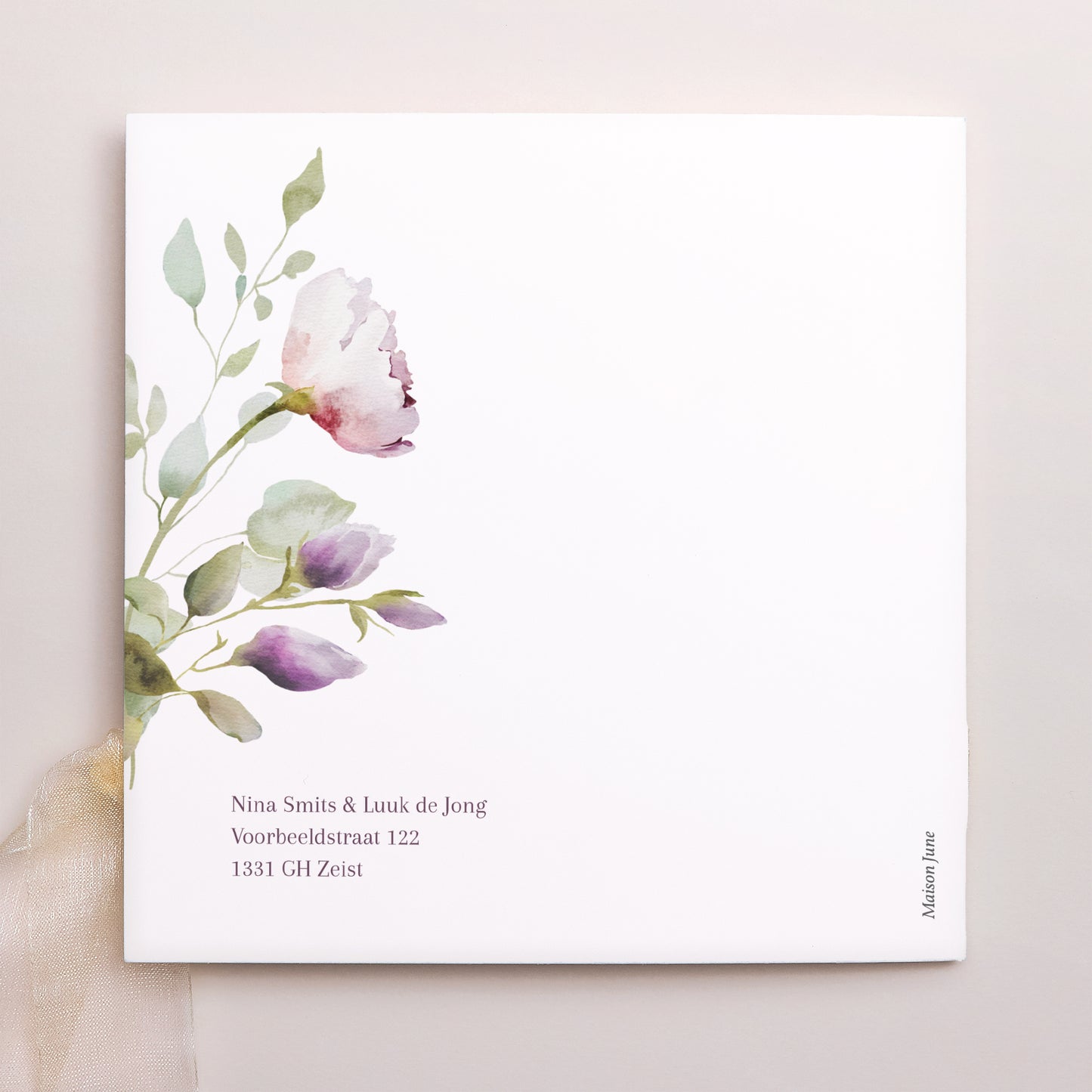 Uitnodigingskaart Huwelijk Vierkante tas, 3 kaarten, label Romantic purple flowers foto N° 4