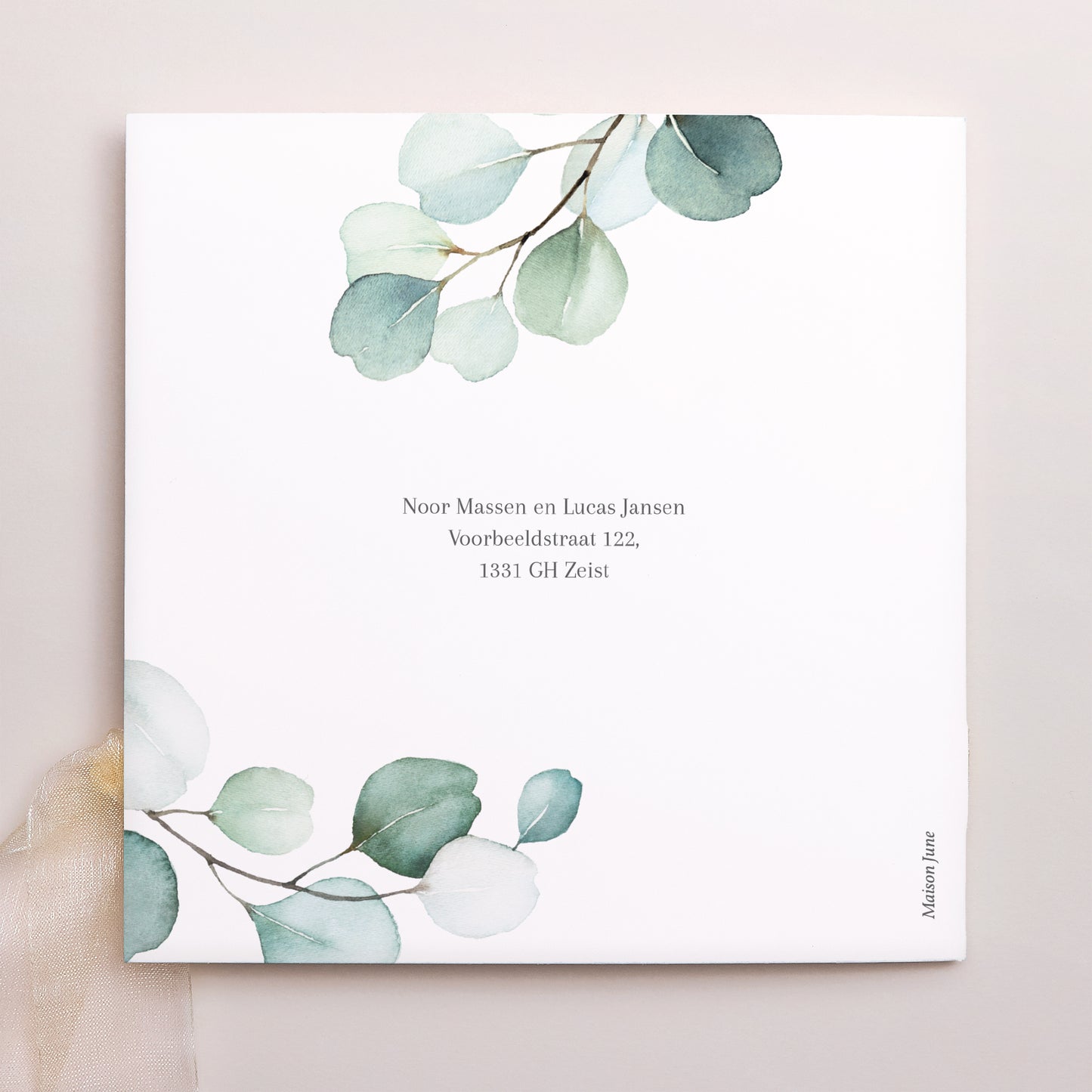 Uitnodigingskaart Huwelijk Vierkante tas, 3 kaarten, label Eucalyptusbladeren foto N° 4