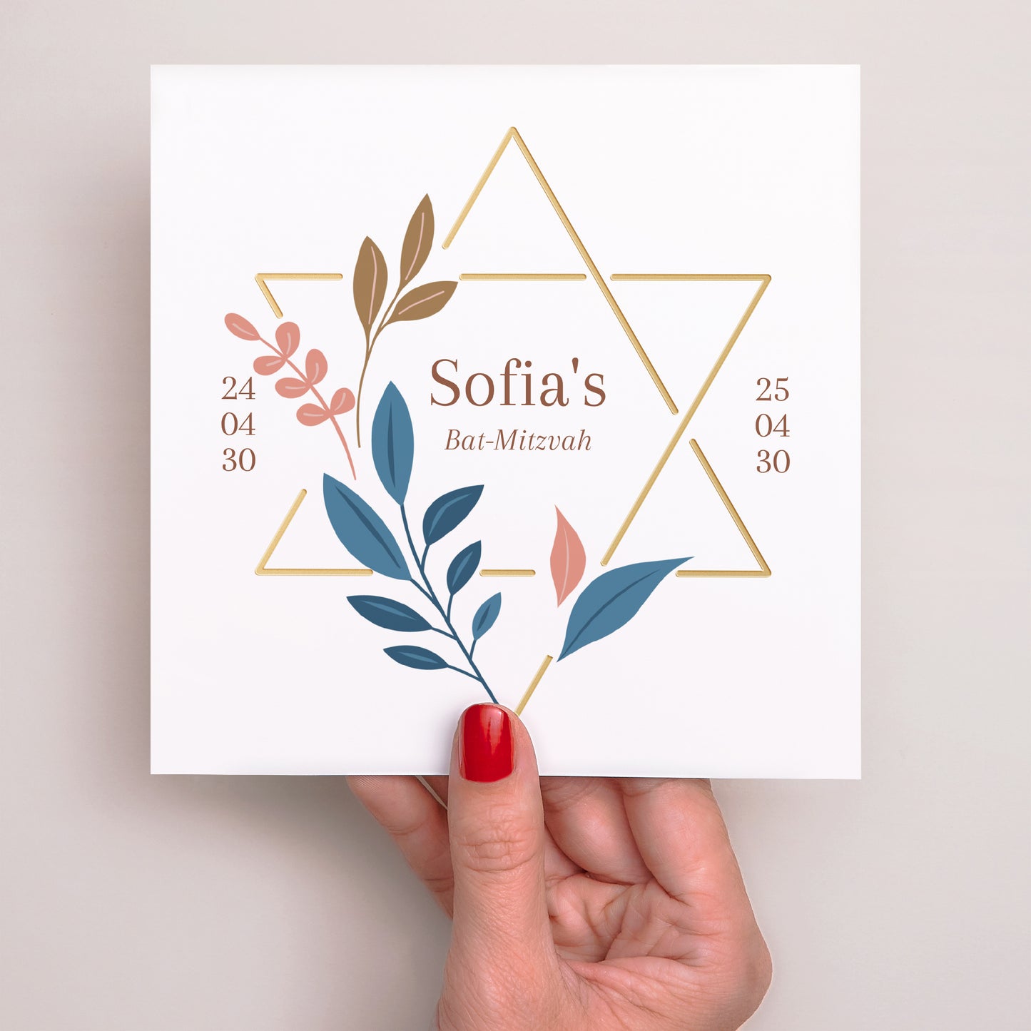 Uitnodigingskaart Bat Mitswa Eenvoudig vierkant Bat Mitzvah bloemist. foto N° 2