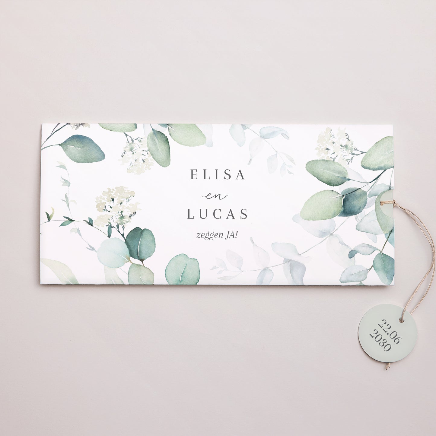 Uitnodigingskaart Huwelijk Mapje 2 kaarten, label Eucalyptus aquarel foto N° 1