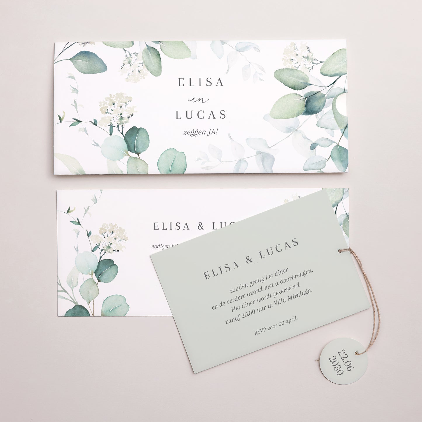 Uitnodigingskaart Huwelijk Mapje 2 kaarten, label Eucalyptus aquarel foto N° 3