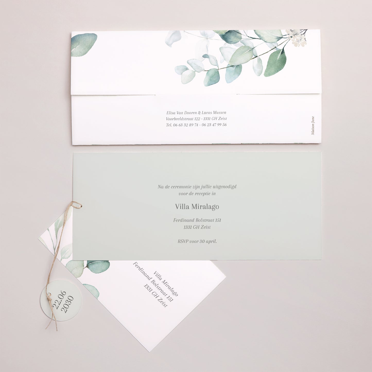 Uitnodigingskaart Huwelijk Mapje 2 kaarten, label Eucalyptus aquarel foto N° 4