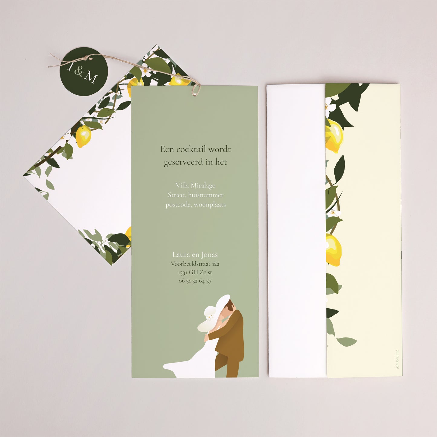 Uitnodigingskaart Huwelijk Portret hoes 2 kaarten, etiket Onder de Citroenen foto N° 4