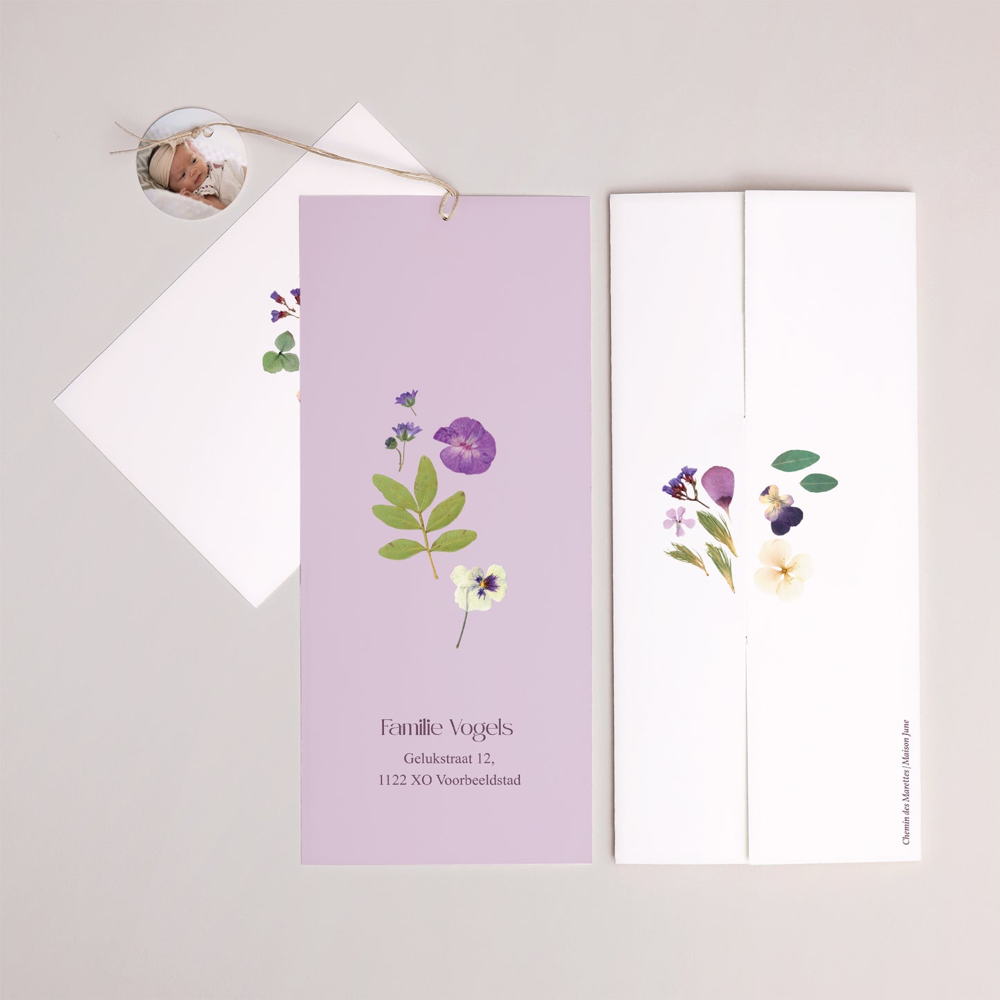 Geboortekaartjes Portret hoes 2 kaarten, etiket Wandeling in de tuin foto N° 4