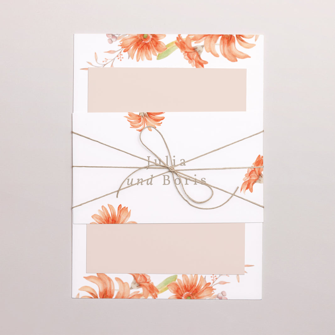 Faire-part Mariage 3 cartes, ruban Couronne & Fleurs Solsticiales foto N° 5