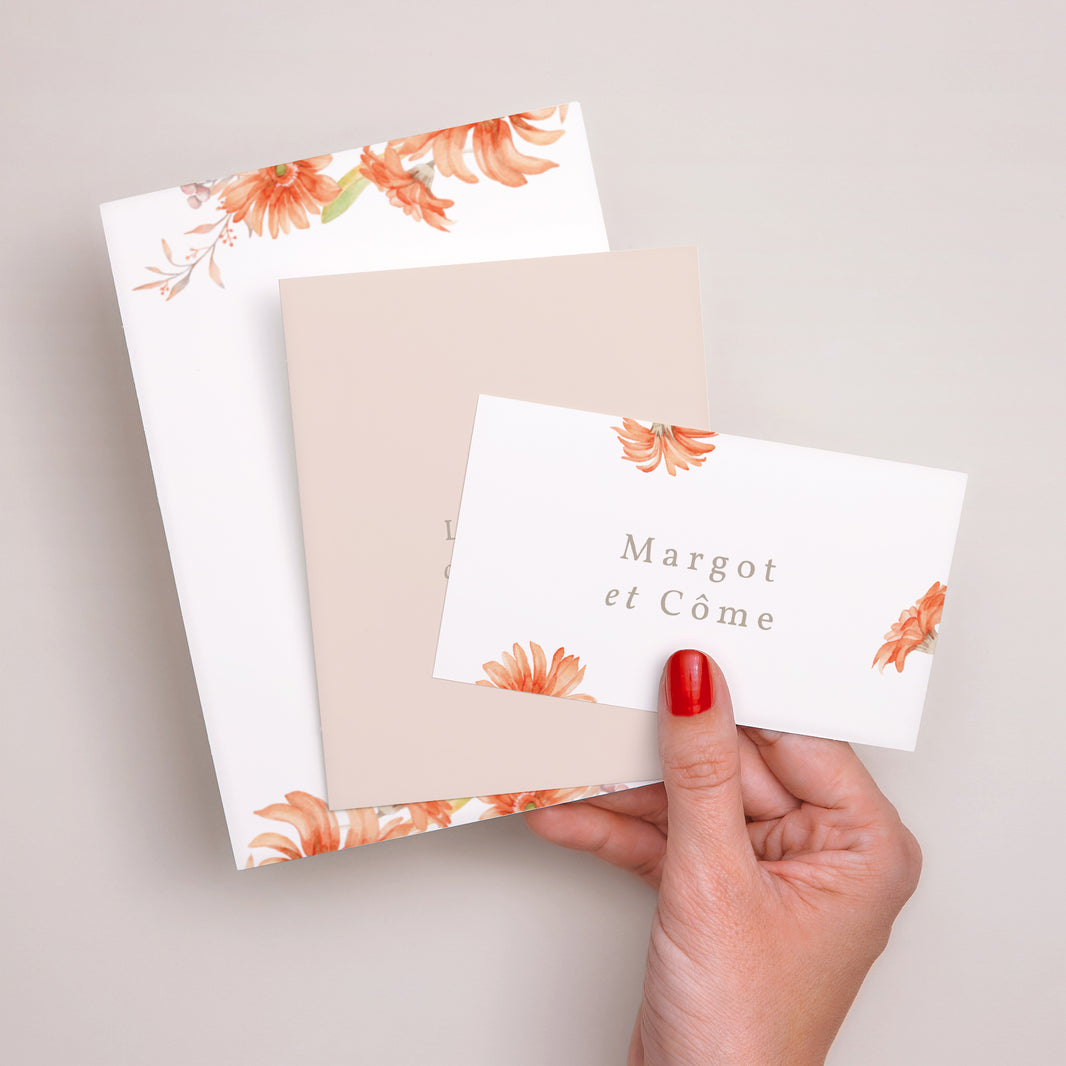 Faire-part Mariage 3 cartes, ruban Couronne & Fleurs Solsticiales foto N° 3