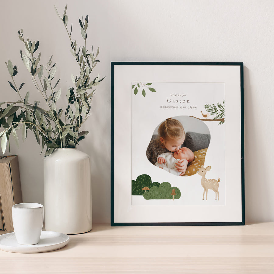 Poster Geboorte Portret Er waren eens dieren in het bos foto