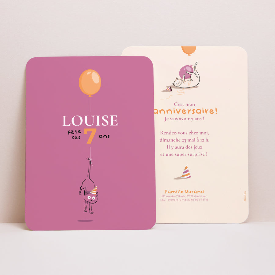 Invitations Anniversaire Enfant Portrait, bords arrondis Le chat fushia foto