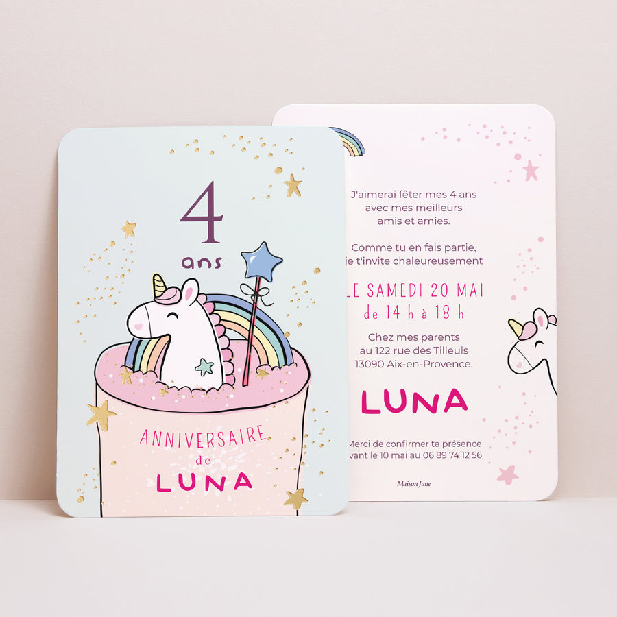 Invitations Anniversaire Enfant Portrait, bords arrondis Gâteau Licorne foto