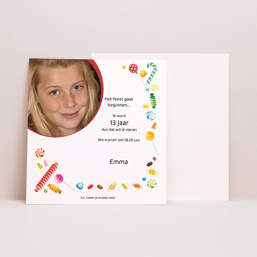 Uitnodigingen Kinderverjaardag Vierkant Snoepjes in overvloed foto