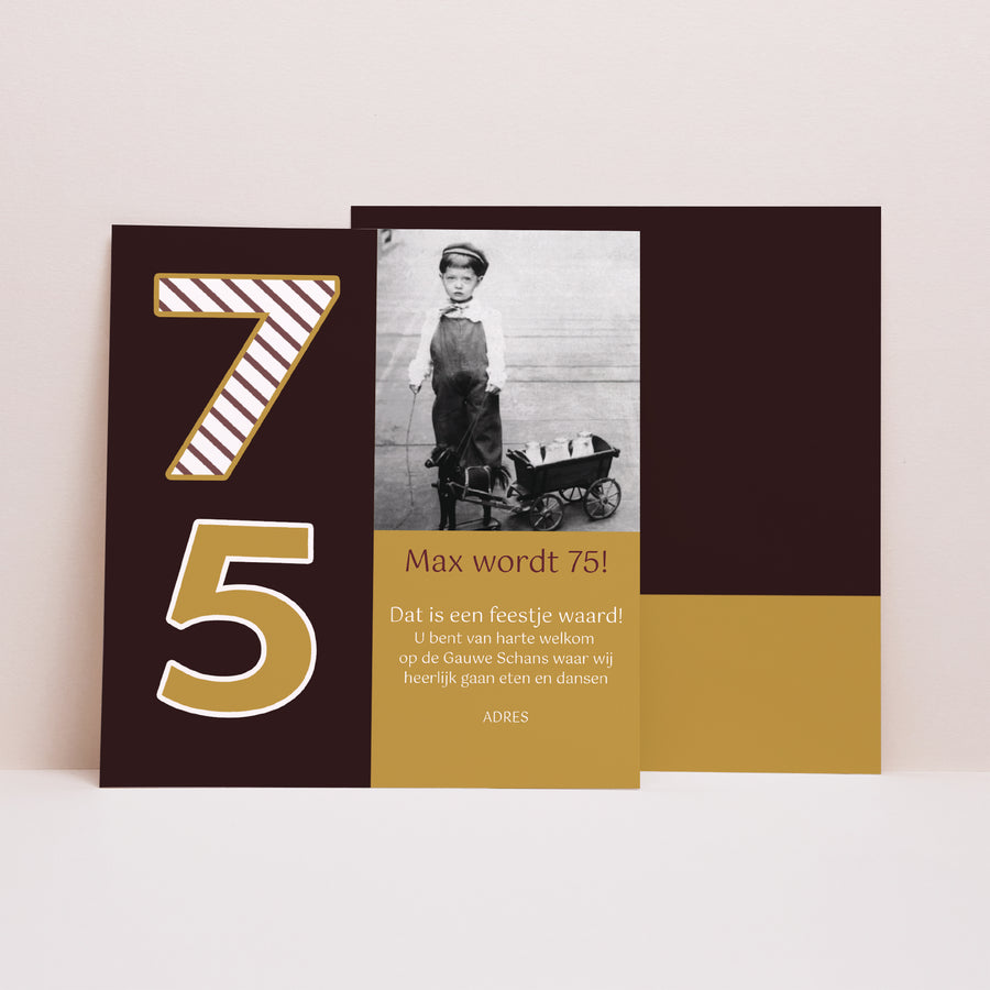 Uitnodigingen Verjaardag Volwassene Vierkant 75 jaar - Goud en chocolade foto