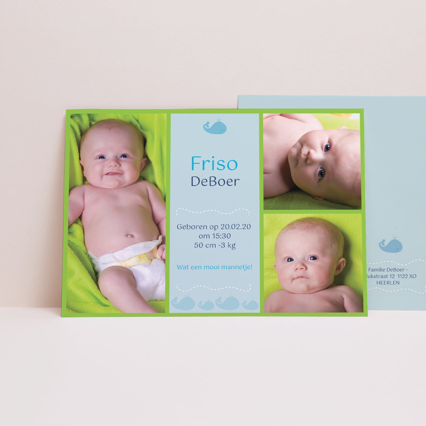 Uitnodigingskaart Geboorte Portret Baby blauwe vinvis foto N° 1